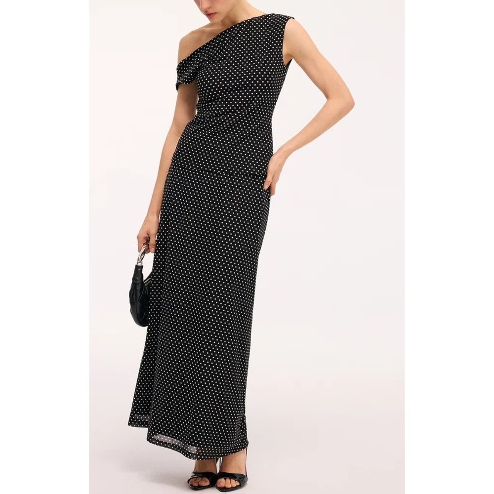 Commese Polka Dot Mesh Skirt Set Black White One Shoulder Top A-Line Maxi Skirt